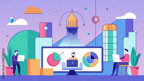 A cartoon vector illustration of a girl and woman in the city traveling past a Paris business tower, iconic architecture, and a world-travel concept design