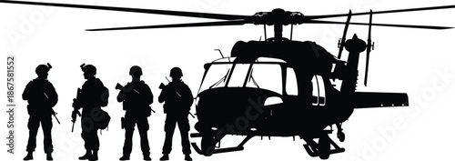 Military helicopter and soldier silhouette vector, tactical combat team, armed forces icons for defense, security, warfare, and mission design