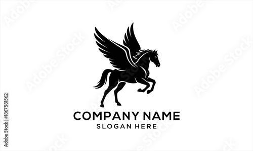 Majestic Black Pegasus Logo Design with Elegant Wings and Powerful Stance.