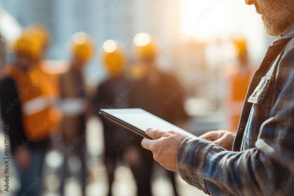 Obraz premium Workers Collaborating with Digital Construction Tools