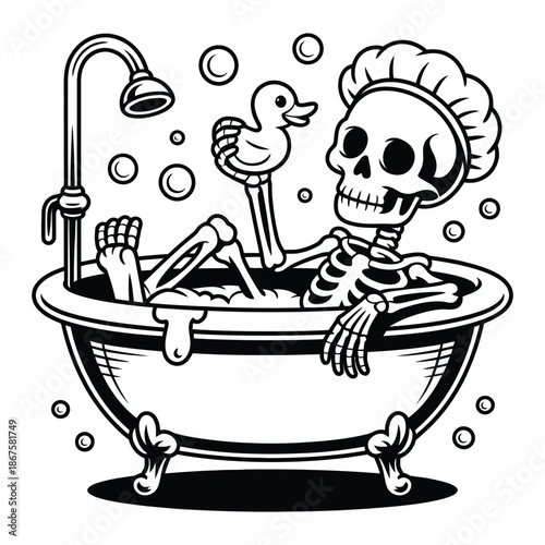 Cartoon skeleton taking bath with rubber ducky bones character flat vector design comical illustration hygiene care relaxation spa treatment