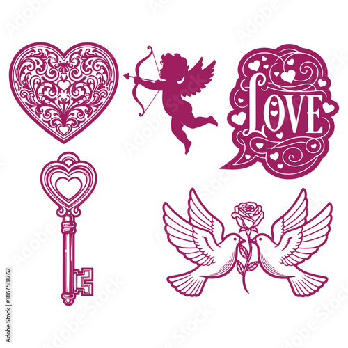 Valentines Day themed vector illustrations featuring hearts cherubs keys and doves isolated on a transparent background