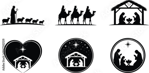 Nativity silhouette vector set, Christian Christmas scenes with shepherds, Magi, and Holy Family for holiday, faith, and religious design themes