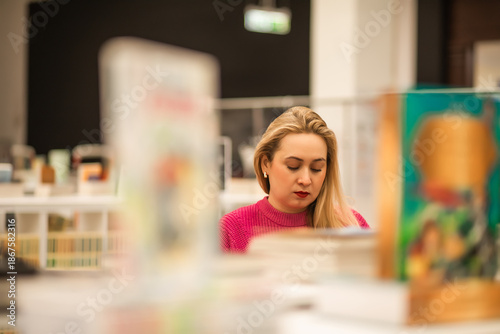 Woman looking at book shelves choosing a book to buy inside a library or newspaper store shop.