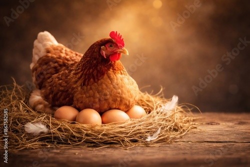 Hen sitting on a straw nest with eggs on a wooden surface in soft indoor light.