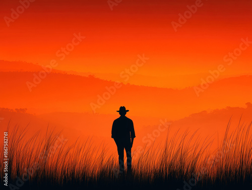 Farmer silhouette at sunset