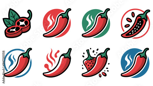 Spicy chili hot pepper icons vector featuring Asian and Mexican food themes, red and black outline chili peppers for sauces, cooking, menus, packaging, branding, and design projects