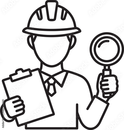 Vector  illustration of Construction site inspector with clipboard and magnifying glass isolated on transparent background.