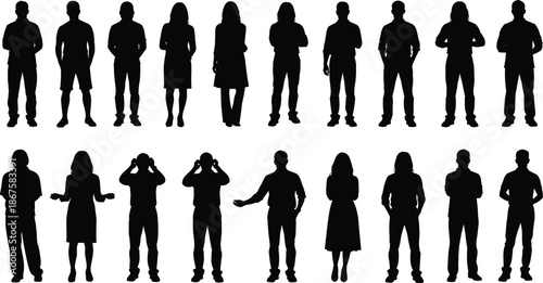 Business people silhouette vector set, men and women standing poses, professional office teamwork figures illustration design
