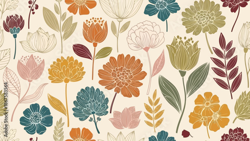 Vintage botanical seamless pattern with earth tone flowers and foliage