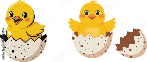 Cute baby chicks emerging from speckled eggs in joyful surprise