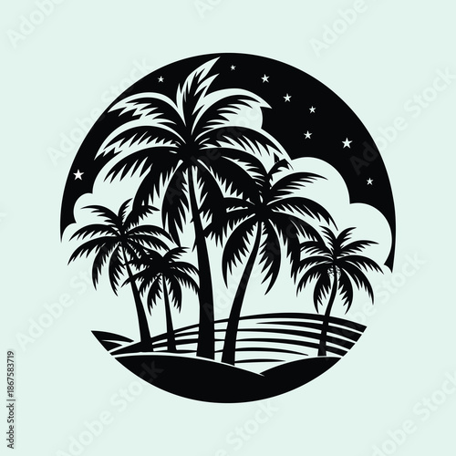 Palm tree silhouette vector illustration of a tropical island beach landscape