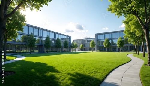 Modern office buildings with green lawn and walkway on sunny day