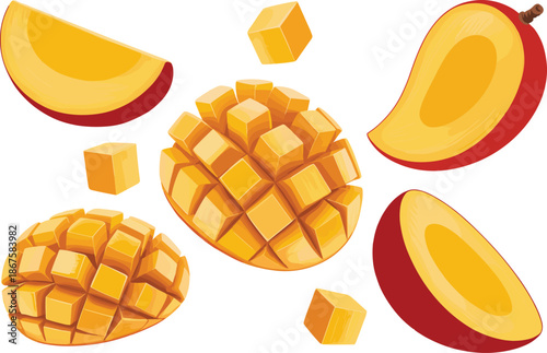 Fresh mango slices and chunks floating in air