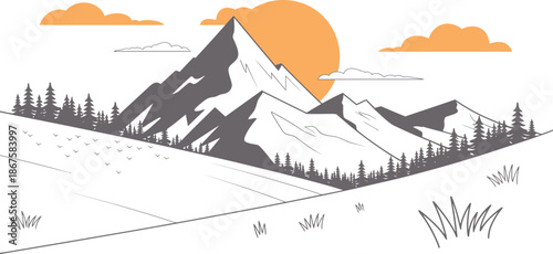 Sunrise Over Majestic Mountain Range with Pine Trees and Rolling Hills Vector Art