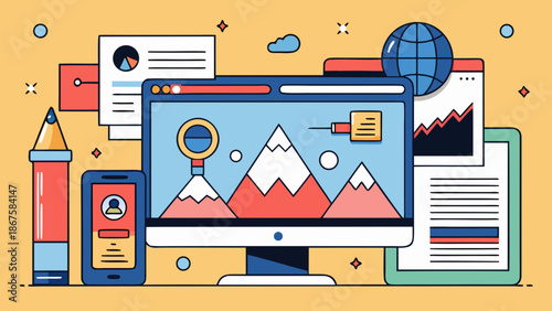 Modern office building vector illustration featuring a flat business icon set for web design, marketing infographics, and corporate technology management concepts