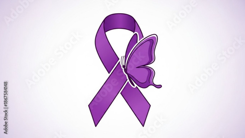 Purple awareness ribbon with butterfly symbol on white background for epilepsy domestic violence support