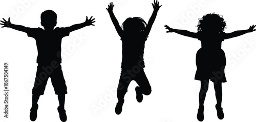 Happy children jumping silhouette vector illustration set, joyful kids with raised arms, freedom play childhood activity concept