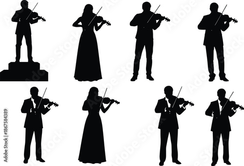 Violin ensemble silhouette vector, formal orchestra performance with conductor and musicians for music, concert, classical art, and design themes