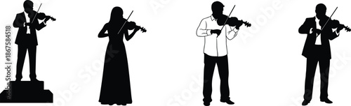 Violin performer silhouette vector set, diverse attire and posture for music, concert, classical performance, and artistic design themes