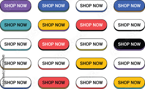 Vibrant shop now buttons in various colors and styles
