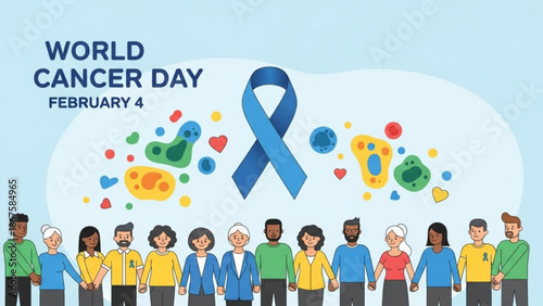 Diverse group of people standing together for world cancer day on february 4 with blue ribbon symbol