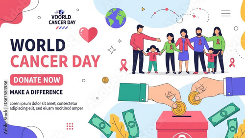 World cancer day illustration with family and donation concept for health awareness campaign
