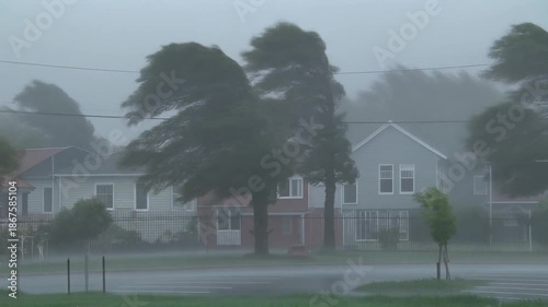 Houses and Trees Bending Under the Force of Strong Winds and Fog During a Storm Keywords: storm, wind, strong wind, hurricane, typhoon, weather, bad weather, natural disaster, fog, mist