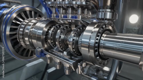 Detailed 3D Rendering of a Complex Mechanical Gearbox Assembly with Ball Bearings and Turbine Blades Keywords: gearbox, mechanical, engineering, machinery, industrial, gears, bearings