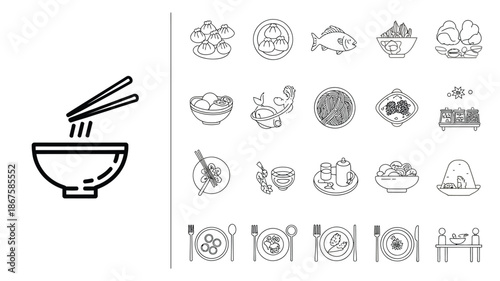 Lunar New Year Food and Dinner Line Icons