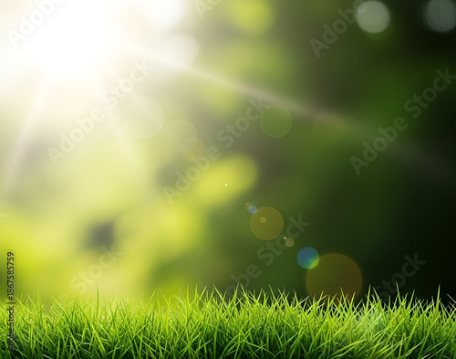 Green grass in the foreground with sunlight and blurred background with bokeh effect.