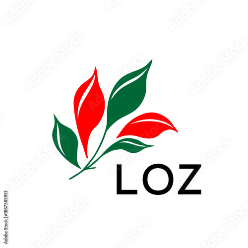 Modern Nature Inspired Logo with Red and Green Leaves, LOZ Later Logo, Abstract Botanical Logo with Elegant Typography ,
