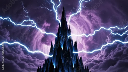 Wallpaper Mural Abstract motion graphic animation loop of stylized blue electricity bolts striking a dark, jagged spire silhouetted against a swirling void of deep purple storm clouds dark, energy, silhouetted Torontodigital.ca