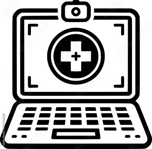Telemedicine Illustration: A sleek laptop displays a prominent medical cross, signaling the accessibility of remote healthcare services through digital technology.