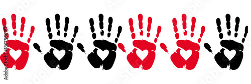 Set of human palm prints in blood and ink forming crime story collage for investigation, forensic science, court evidence, medical examination, detective concepts, justice system, and creative design 