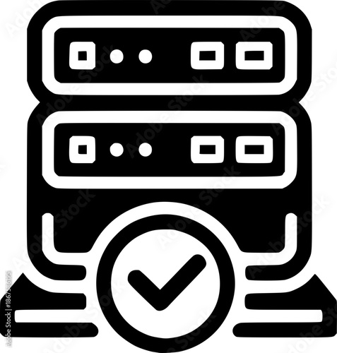 Server Confirmation: A minimalist graphic represents a secure data server, confirming functionality with a checkmark. It emphasizes the concept of secure data, robust processing, and seamless network