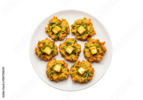 paneer pakora fritters with herbs on white plate