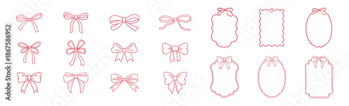 Coquette Bow and Ribbon Frame Illustration, Hand-Drawn Vintage Decorative Border for Wedding, Birthday, and Party Invitations, Isolated on Transparent Background