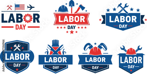 Labor Day vector illustration set with patriotic American emblems badges and icons for national workers holiday celebration.