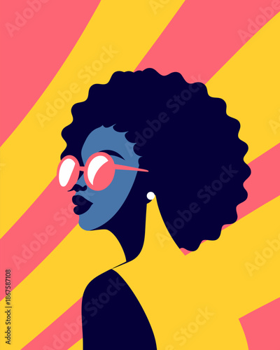 African American woman with voluminous curly hair and round sunglasses is portrayed in a vibrant pop art illustration against a lively pink and yellow striped background.