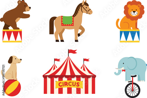 Flat vector illustration set of circus animals including a performing bear lion elephant on a unicycle dog and horse with red striped tent.