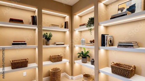 Medium shot highlighting customizable builtin shelving units in alcove settings demonstrating blend of functionality and aesthetic appeal.