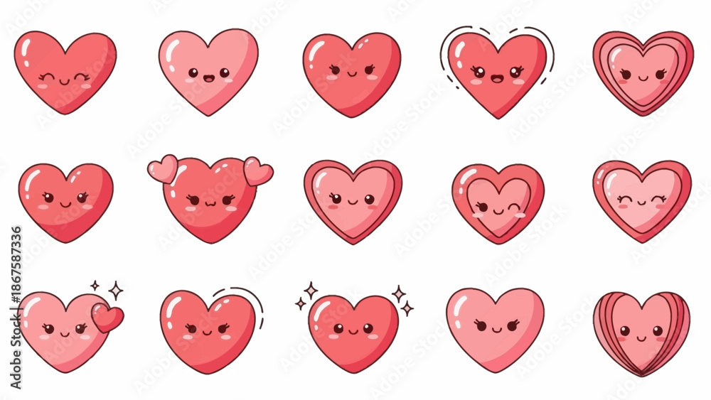 Fototapeta premium Cute heart emojis with various expressions on white background