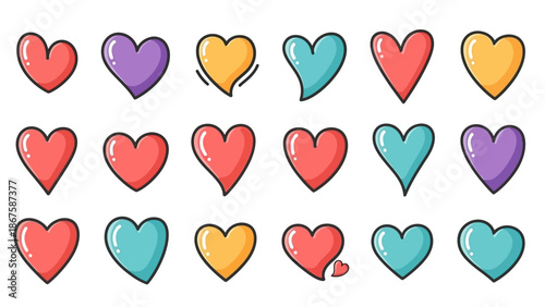 Vibrant colorful hearts in various sizes and colors