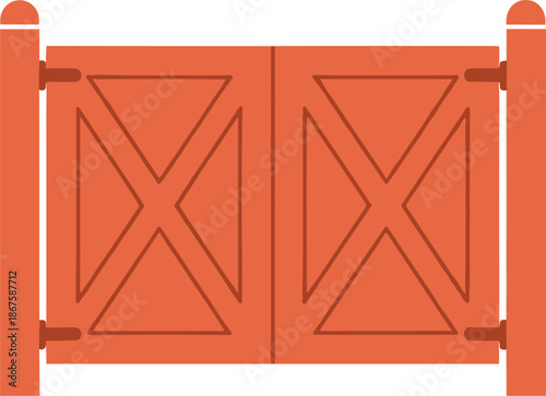 Flat vector illustration of a rustic wooden double gate for ranch farm garden or countryside fence entrance isolated on a white background.