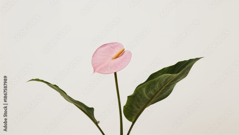 Fototapeta premium Pink anthurium flower with large green leaves.