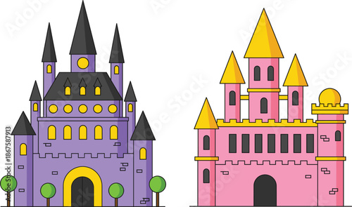 Flat vector illustration of a purple gothic fortress and a pink princess castle with gold towers for fantasy fairytale and magical kingdom design.