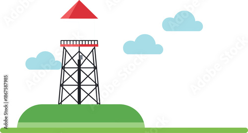 Flat vector illustration of a modern watchtower on a green hill under a blue sky with clouds for outdoor and nature design concepts.