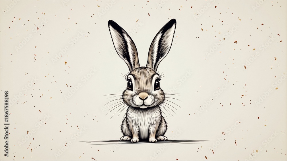 Obraz premium digital illustration rabbit sitting beige background rabbit facing towards right side sitting its hind legs its front paws resting ground has two large pointed ears spread out behind ears black white