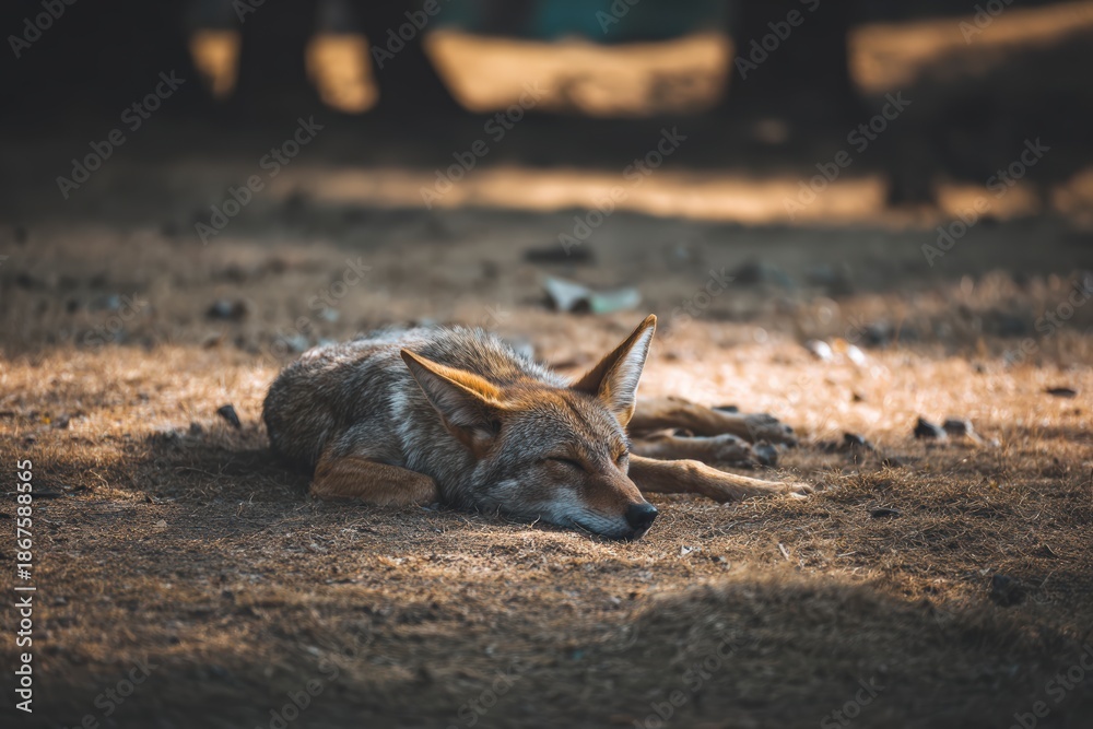 Fototapeta premium Tranquil coyote resting in serene forest setting, capturing nature's beauty and wildlife photography, ideal for outdoor and nature enthusiasts.